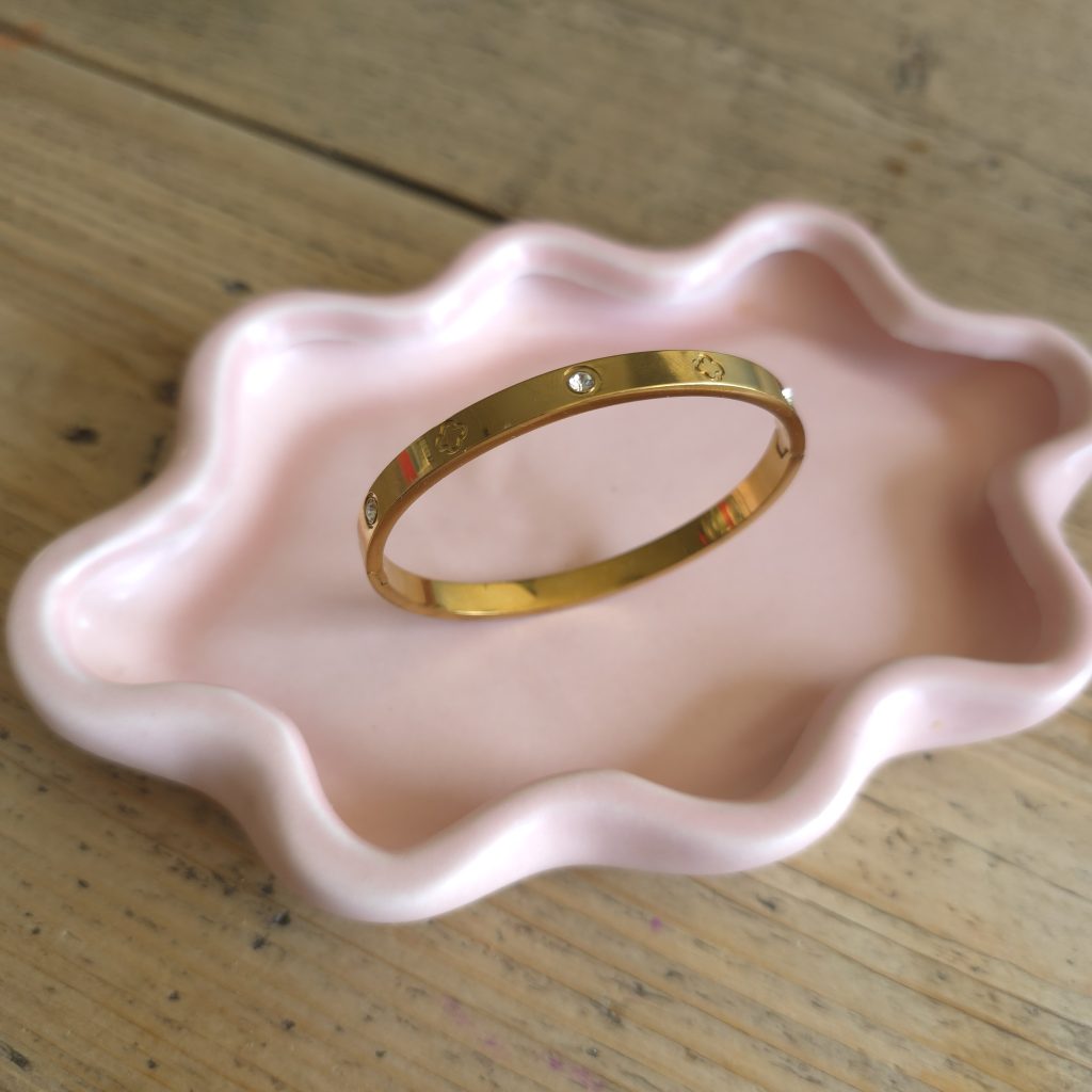 Goudkleurige gladde bangle van stainless steel op roze schaaltje