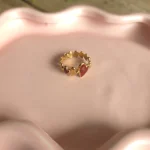 Goudkleurige verstelbare ring met rode bladdetails op een roze schaaltje
